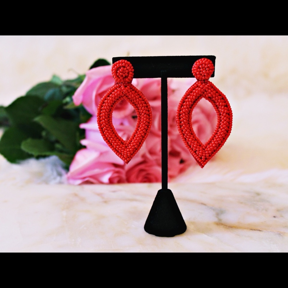 Red Beaded Marquise Earrings